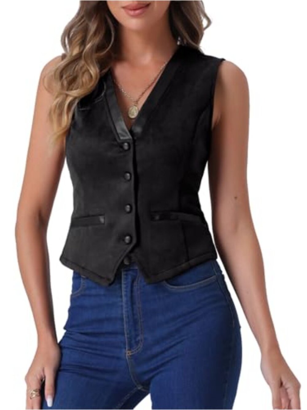 Faux Suede V Neck Button Down Sleeveless Vest for Women